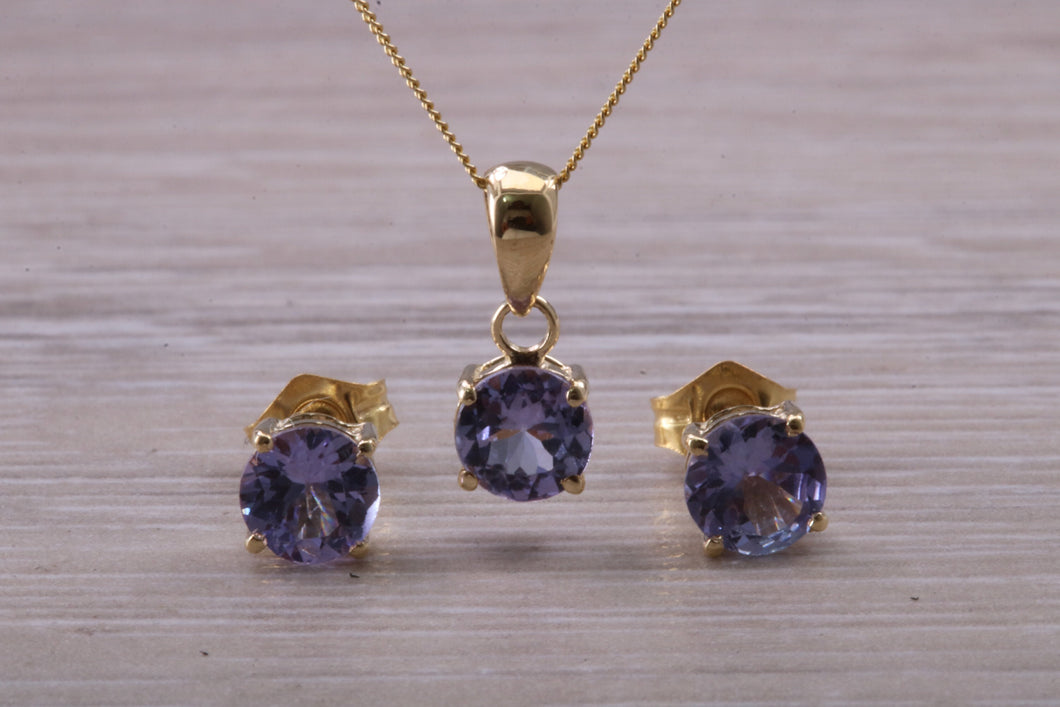 Round cut Tanzanite Earrings with Matching Necklace set in Yellow Gold