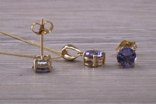 Load image into Gallery viewer, Round cut Tanzanite Earrings with Matching Necklace set in Yellow Gold