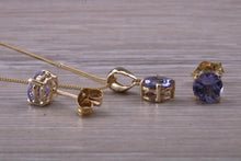 Load image into Gallery viewer, Round cut Tanzanite Earrings with Matching Necklace set in Yellow Gold