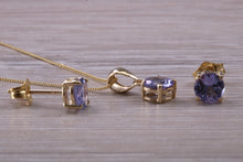 Load image into Gallery viewer, Round cut Tanzanite Earrings with Matching Necklace set in Yellow Gold