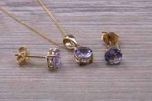 Load image into Gallery viewer, Round cut Tanzanite Earrings with Matching Necklace set in Yellow Gold