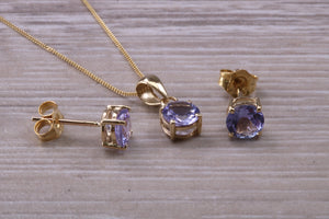 Round cut Tanzanite Earrings with Matching Necklace set in Yellow Gold