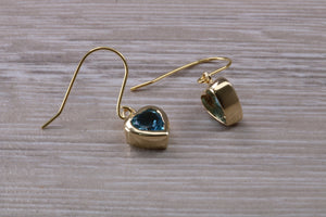 Love Heart cut Blue Topaz Dropper Earrings set in Yellow gold