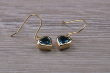 Load image into Gallery viewer, Love Heart cut Blue Topaz Dropper Earrings set in Yellow gold