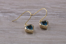 Load image into Gallery viewer, Love Heart cut Blue Topaz Dropper Earrings set in Yellow gold