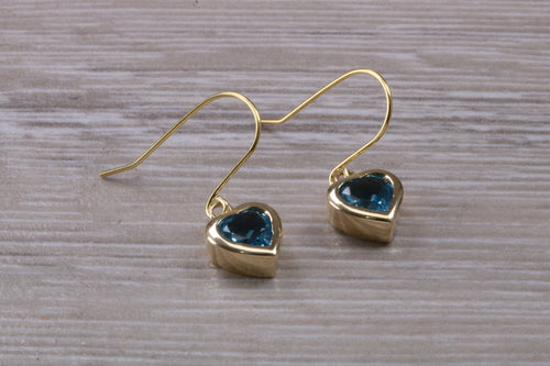 Love Heart cut Blue Topaz Dropper Earrings set in Yellow gold