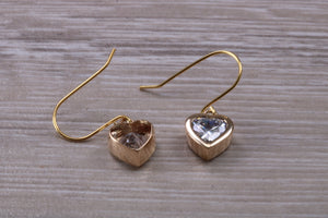 Love Hearts cut Diamond White Cubic Zirconia set Dropper Earrings, set in Yellow gold