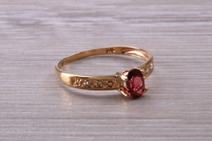 Dainty natural Garnet and Diamond gemstone ring, solid 9ct Yellow Gold with British hallmark