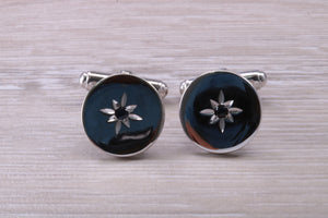 Natural Sapphire set Gentleman's Cufflinks. Round profile, made from solid sterling silver, traditional cufflinks with swivel back fittings.