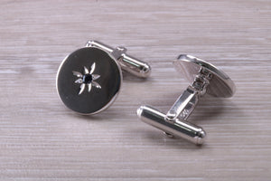 Natural Sapphire set Gentleman's Cufflinks. Round profile, made from solid sterling silver, traditional cufflinks with swivel back fittings.