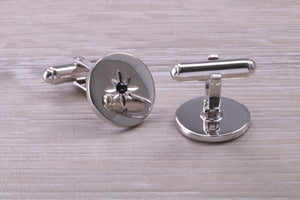 Natural Sapphire set Gentleman's Cufflinks. Round profile, made from solid sterling silver, traditional cufflinks with swivel back fittings.