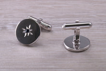 Load image into Gallery viewer, Natural Sapphire set Gentleman&#39;s Cufflinks. Round profile, made from solid sterling silver, traditional cufflinks with swivel back fittings.