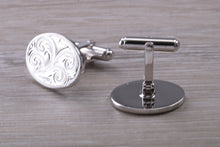 Load image into Gallery viewer, Large hand Engraved Gentleman&#39;s Cufflinks. Oval profile, made from solid sterling silver traditional cufflinks with swivel back fittings.