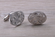 Load image into Gallery viewer, Large hand Engraved Gentleman&#39;s Cufflinks. Oval profile, made from solid sterling silver traditional cufflinks with swivel back fittings.