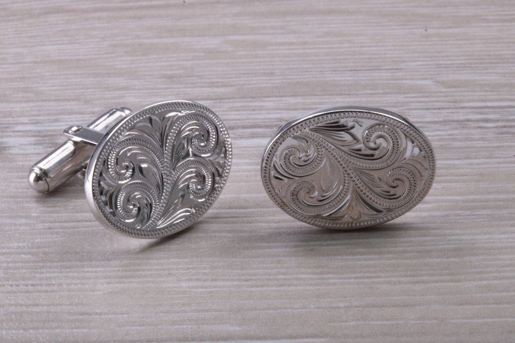 Large hand Engraved Gentleman's Cufflinks. Oval profile, made from solid sterling silver traditional cufflinks with swivel back fittings.