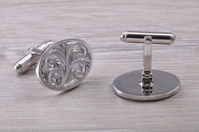 Load image into Gallery viewer, Large hand Engraved Gentleman&#39;s Cufflinks. Oval profile, made from solid sterling silver traditional cufflinks with swivel back fittings.