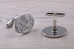 Large hand Engraved Gentleman's Cufflinks. Oval profile, made from solid sterling silver traditional cufflinks with swivel back fittings.