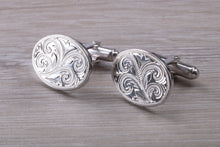 Load image into Gallery viewer, Large hand Engraved Gentleman&#39;s Cufflinks. Oval profile, made from solid sterling silver traditional cufflinks with swivel back fittings.