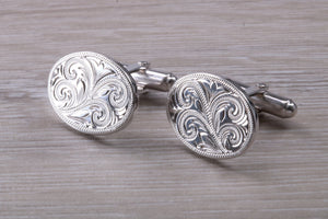 Large hand Engraved Gentleman's Cufflinks. Oval profile, made from solid sterling silver traditional cufflinks with swivel back fittings.