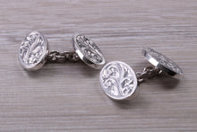 Load image into Gallery viewer, Double hand Engraved Gentleman&#39;s Cufflinks. Oval profile, made from solid sterling silver traditional cufflinks with swivel back fittings.