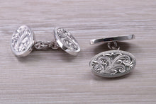 Load image into Gallery viewer, Double hand Engraved Gentleman&#39;s Cufflinks. Oval profile, made from solid sterling silver traditional cufflinks with swivel back fittings.