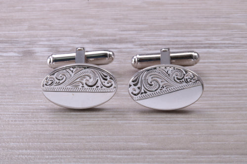 Hand Engraved Gentleman's Cufflinks. Oval profile, made from solid sterling silver traditional cufflinks with swivel back fittings.