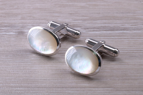 Natural Mother of Pearl set Gentleman's Cufflinks. made from solid sterling silver, traditional cufflinks with swivel back fittings.