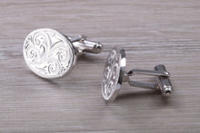 Load image into Gallery viewer, Large hand Engraved Gentleman&#39;s Cufflinks. Oval profile, made from solid sterling silver traditional cufflinks with swivel back fittings.