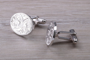 Large hand Engraved Gentleman's Cufflinks. Oval profile, made from solid sterling silver traditional cufflinks with swivel back fittings.