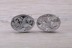 Large hand Engraved Gentleman's Cufflinks. Oval profile, made from solid sterling silver traditional cufflinks with swivel back fittings.