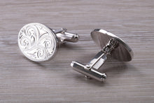 Load image into Gallery viewer, Large hand Engraved Gentleman&#39;s Cufflinks. Oval profile, made from solid sterling silver traditional cufflinks with swivel back fittings.