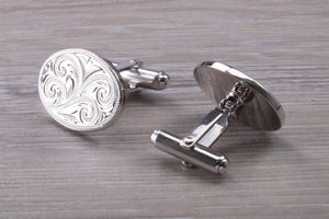 Large hand Engraved Gentleman's Cufflinks. Oval profile, made from solid sterling silver traditional cufflinks with swivel back fittings.