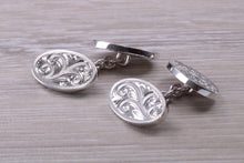 Load image into Gallery viewer, Double hand Engraved Gentleman&#39;s Cufflinks. Oval profile, made from solid sterling silver traditional cufflinks with swivel back fittings.