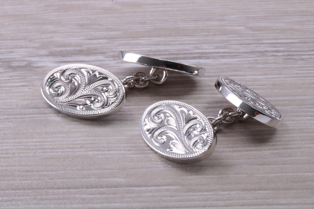 Double hand Engraved Gentleman's Cufflinks. Oval profile, made from solid sterling silver traditional cufflinks with swivel back fittings.