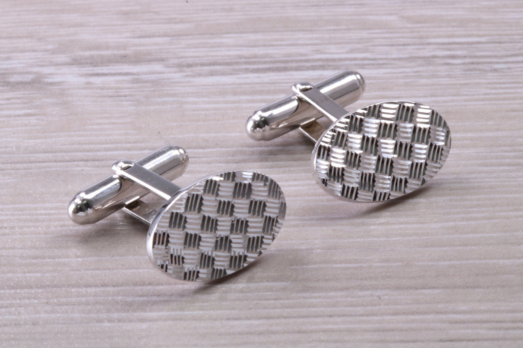 Patterned Gentleman's Cufflinks. Oval profile, made from solid sterling silver traditional cufflinks with swivel back fittings.