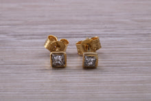 Load image into Gallery viewer, Simple Princess cut Diamond set 18ct Yellow Gold Solitaire Stud Earrings