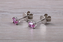 Load image into Gallery viewer, Emerald cut Pink Sapphire set Platinum Stud Earrings