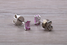 Load image into Gallery viewer, Emerald cut Pink Sapphire set Platinum Stud Earrings