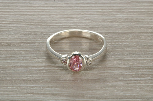 Sterling Silver Pink Sapphire C Z Trilogy Ring