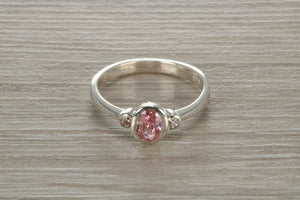 Sterling Silver Pink Sapphire C Z Trilogy Ring