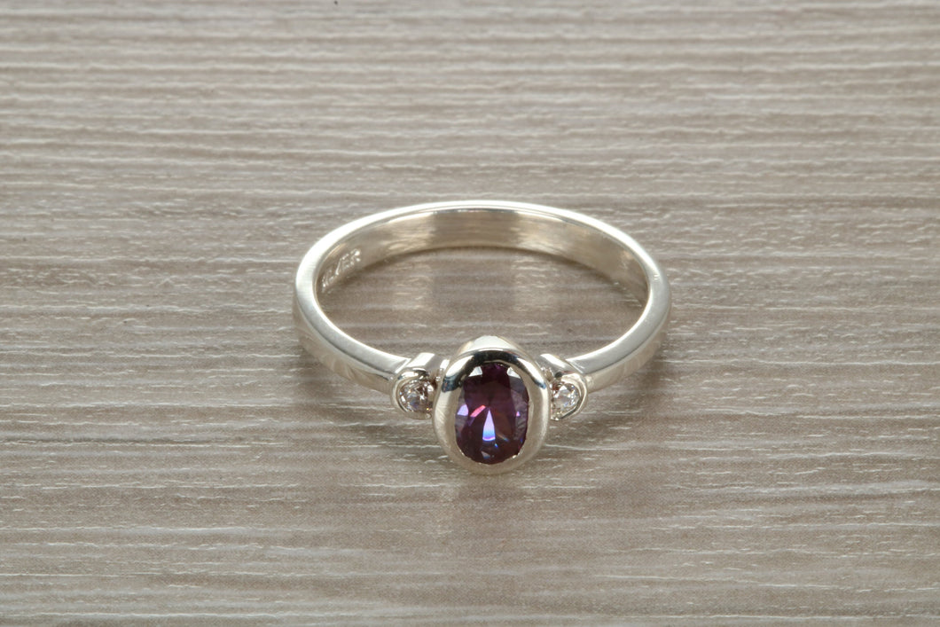 Sterling Silver Amethyst C Z Trilogy Ring