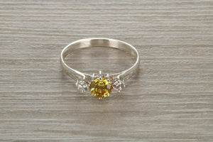 Sterling Silver Yellow C Z Trilogy Ring