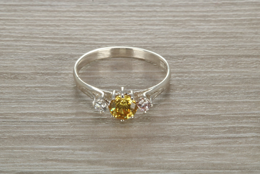 Sterling Silver Yellow C Z Trilogy Ring