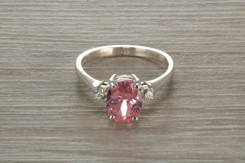 Sterling Silver Pink Sapphire C Z Trilogy Ring