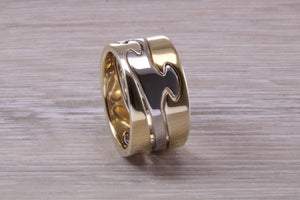 10 mm Wide Jigsaw Puzzle Ring, Solid Two Tone Gold