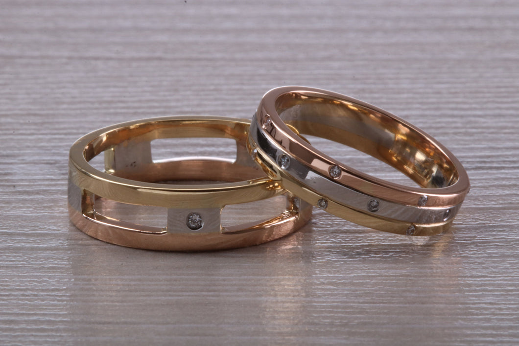 His and Hers Three Tone Diamond set Bridal Wedding Bands