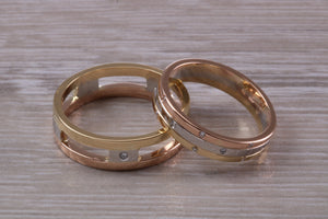 His and Hers Three Tone Diamond set Bridal Wedding Bands