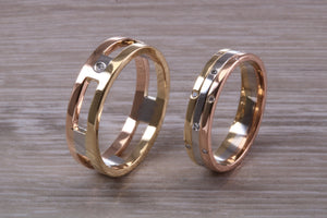 His and Hers Three Tone Diamond set Bridal Wedding Bands