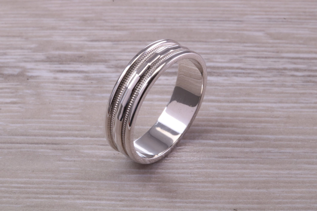 Gents 6 mm Wide Patterned White Gold Band