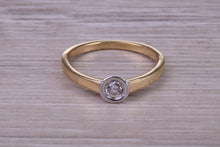 Load image into Gallery viewer, Dainty Bezel Diamond set Two Tone Gold Solitaire